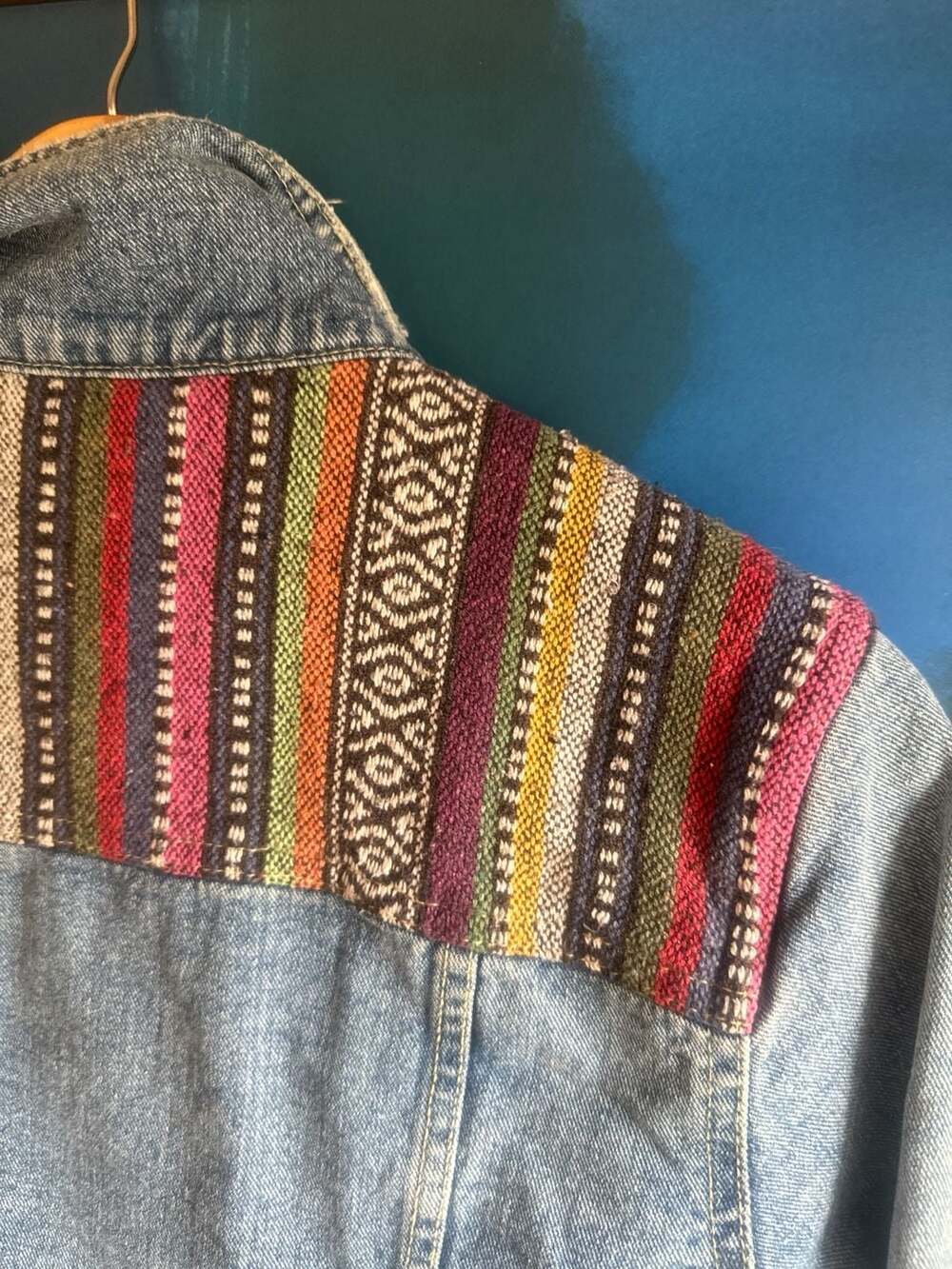 Free People Baja Serape Embroidered Distressed Denim Trucker Jacket - Picture 8 of 9